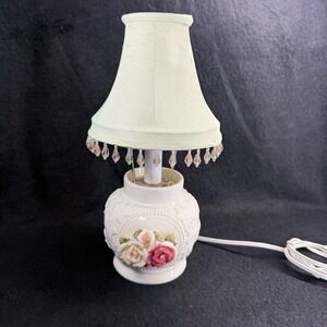 Vintage Lamp and Shade White Porcelain Eyelet With Roses & Gold Trim 10" Height